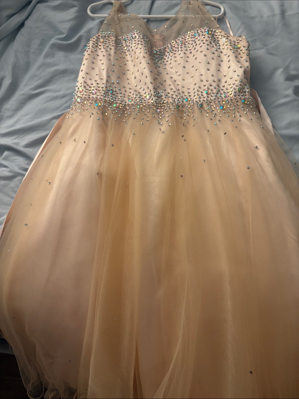 Girls' Champagne Tulle Party Dress with Iridescent Rhinestones